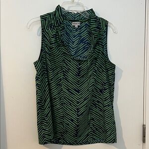 Ruffle Neck Green and Navy Blouse